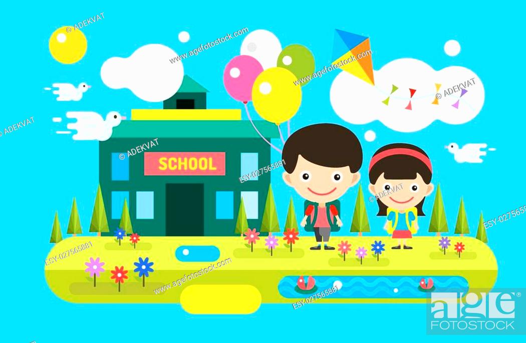 Back to school background. Cute vector cartoon boy and girl playing near  school building, Stock Vector, Vector And Low Budget Royalty Free Image.  Pic. ESY-027565881 | agefotostock