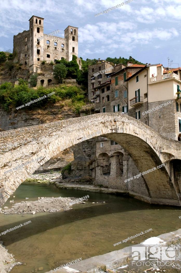 Stock Photo: Arch bridge and Castello Doria, mountain village Dolceacqua in the Nervia Valley, Riviera, Liguria, Italy, Europe.