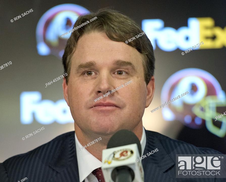 Stock Photo: Jay Gruden makes remarks as he is introduced as the new head coach of the Washington Redskins at a press conference at Redskins Park in Ashburn, Virginia, USA.