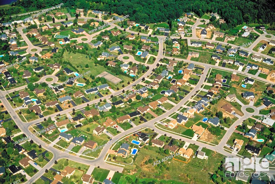 Stock Photo: Aerial view of subdivision housing pattern, summer, Niagara Region, Ontario, Canada.