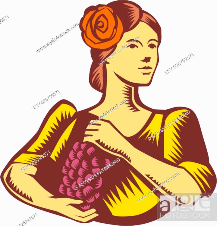 Stock Photo: Illustration of a senorita spanish lady looking to the side holding grapes viewed from front set on isolated white background done in retro woodcut style.