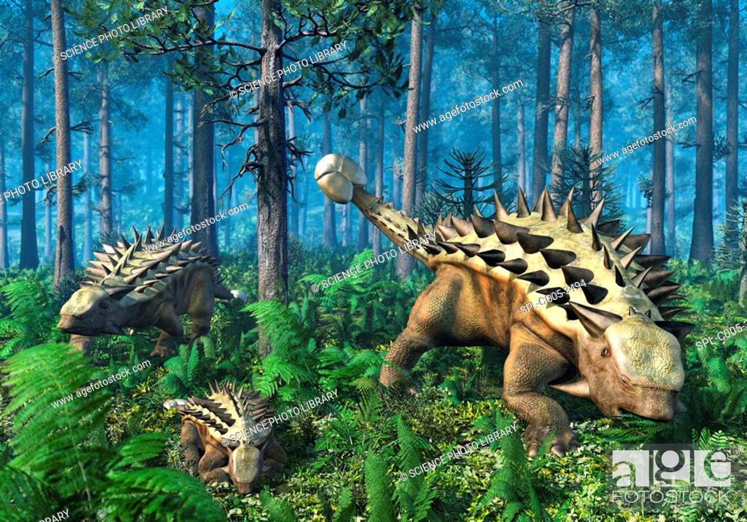 Stock Photo: Ankylosaur family, artwork. This heavily-armoured dinosaur lived in the early Mesozoic era, in the Jurassic and Cretaceous periods.