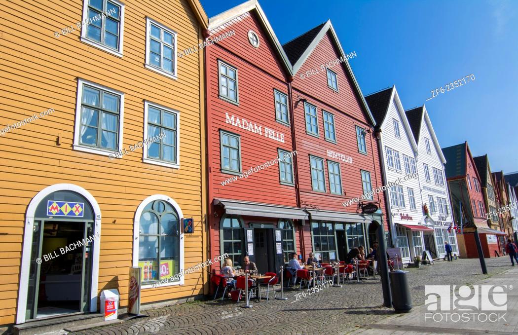 Stock Photo: Bergen Norway Bryggen old town with famous wooden leaning houses landmarks for tourists in BRYGGEN area scenic color.