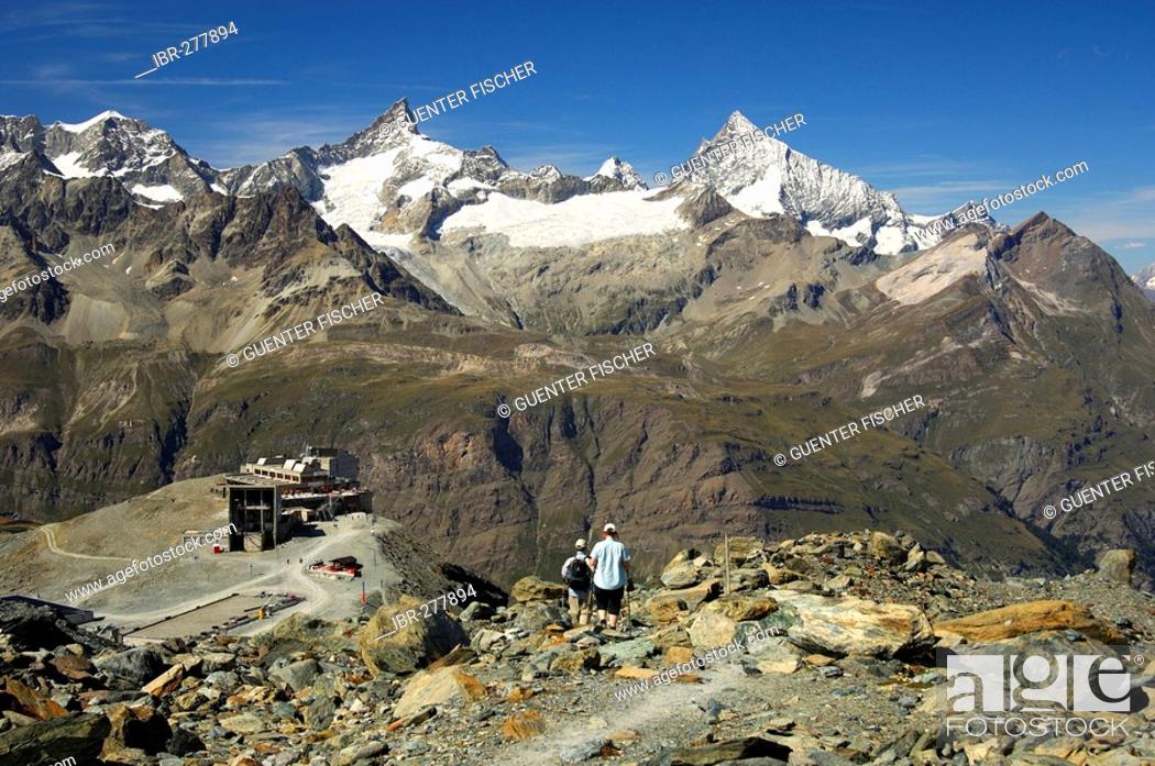 Stock Photo: Mountain panorama on the descent to the cable car station Trockener Steg, peaks Zinalrothon, Weisshorn, Zermatt Valais Switzerland.