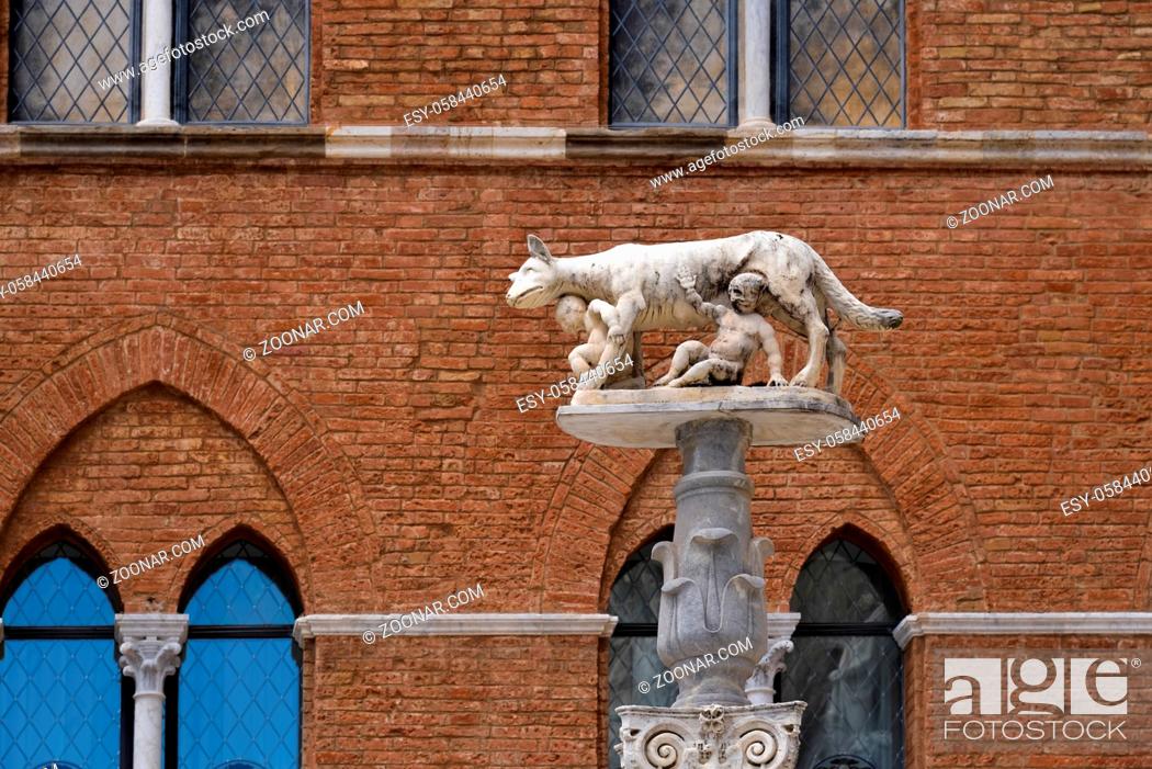 Stock Photo: She-wolf suckling infants Romulus and Remus near Sienna Cathedral.