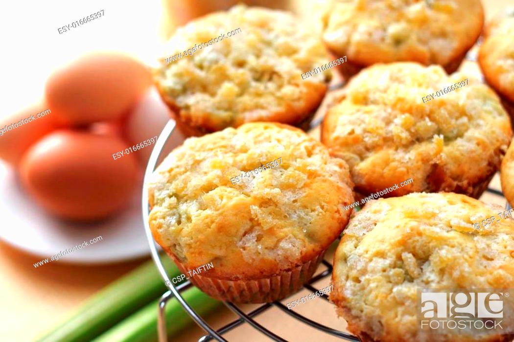 Stock Photo: Rhubarb and ginger muffins.