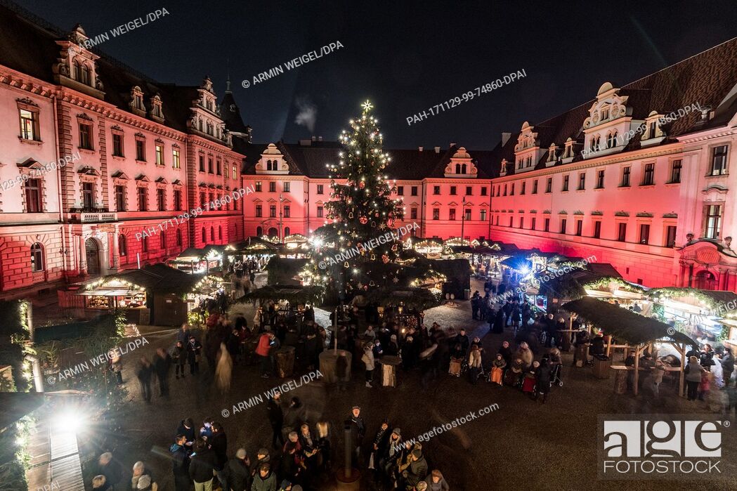 Stock Photo: View of the romantic Christmas market at the St. Emmeram Castle, also known as Thurn und Taxis Castle, in Regensburg, Germany, 29 November 2017.