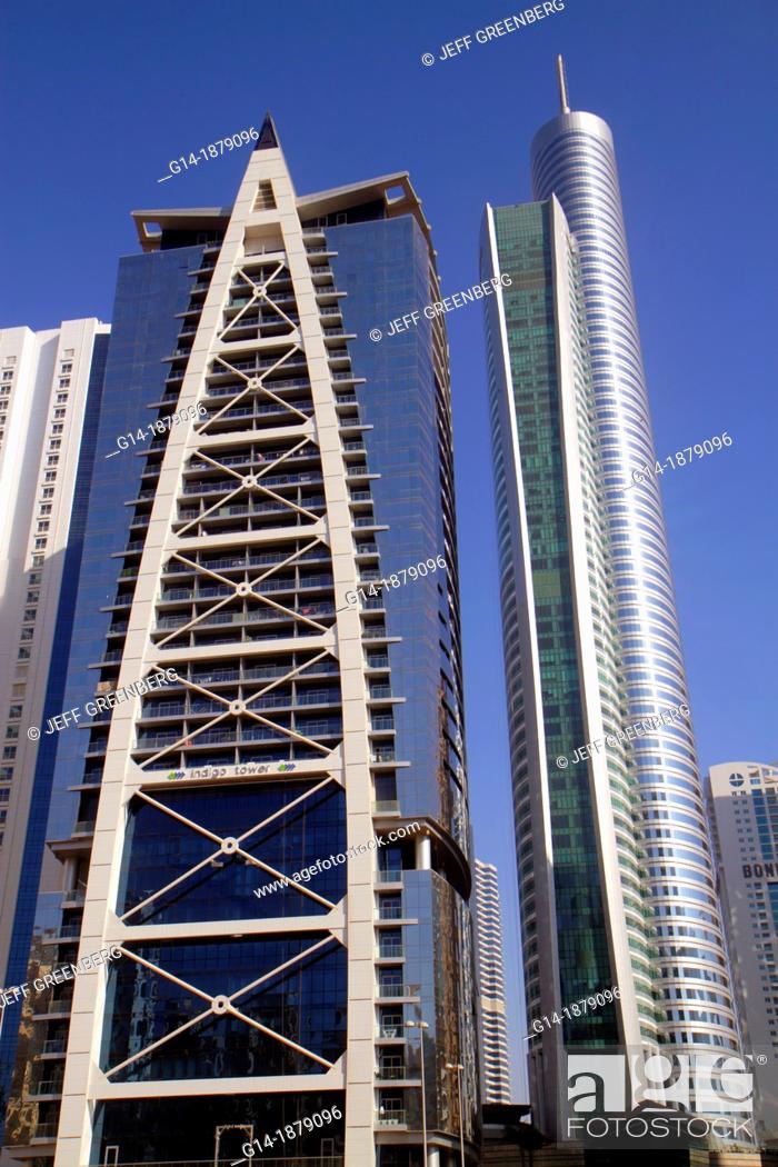 Stock Photo: United Arab Emirates, Dubai, Jumeirah Lake Towers, Indigo Tower, Almas Tower.