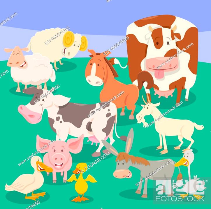 Stock Photo: Cartoon Illustration of Farm Animal Characters Group on Pasture or Meadow.