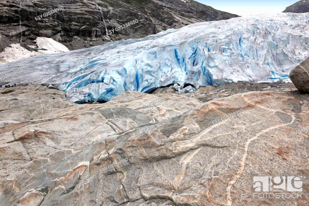 Stock Photo: Norway, Jostedalsbreen National Park. Famous Briksdalsbreen glacier in Briksdalen valley.