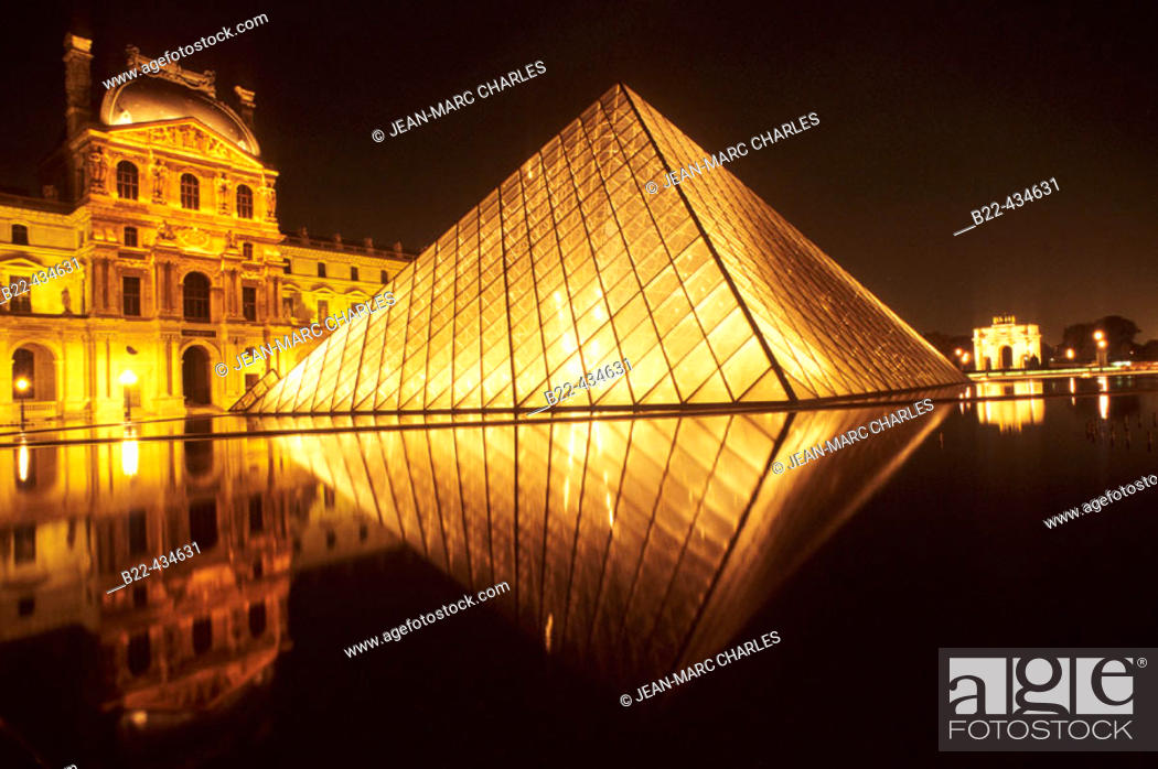 Stock Photo: The Louvre, Napoleon court and Glass Pyramid built by IM Pei. Paris. France.