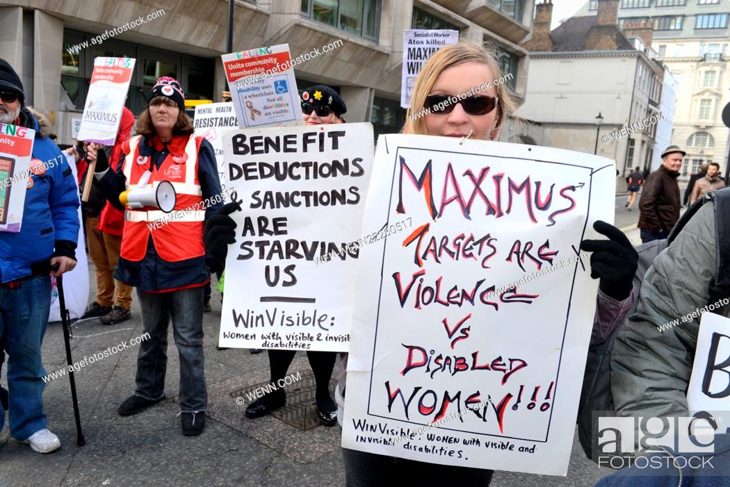 Photo de stock: Disabled People Against Cuts hold a day of action against Maximus. Maximus are due to carry out assessments on sick and disabled people on their capabilities to.