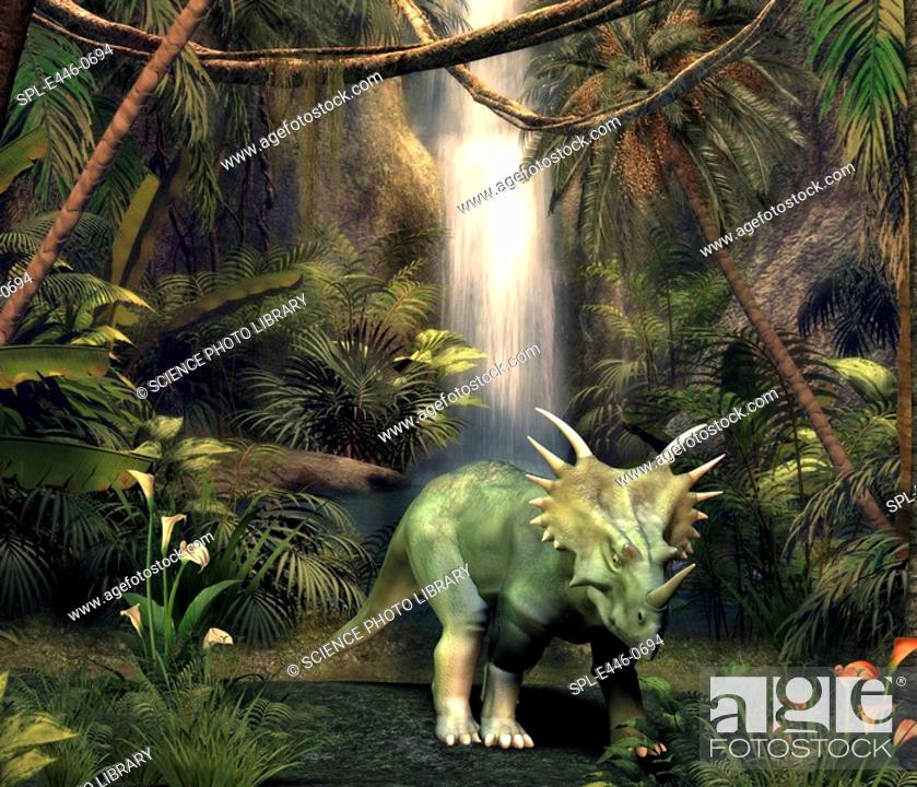 Stock Photo: Styracosaurus dinosaur in a forest clearing, artwork. This beaked herbivore lived in North America and Asia during the late Cretaceous period.