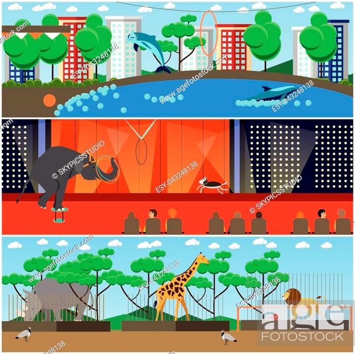 Stock Vector: Vector set of dolphinarium, circus and zoo interior posters, banners. Zoo animals, trained circus and dolphinarium animals. Flat style design elements.