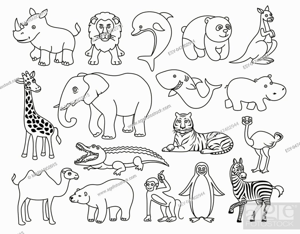 African fauna cartoon animals and sea creatures set. Black and white  graphic vector illustration in..., Stock Vector, Vector And Low Budget  Royalty Free Image. Pic. ESY-047402944 | agefotostock