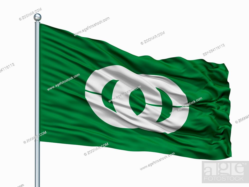 Stock Photo: Mobara City Flag On Flagpole, Country Japan, Chiba Prefecture, Isolated On White Background.