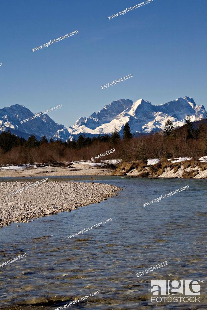 Stock Photo: european alps, riverbed, isar.