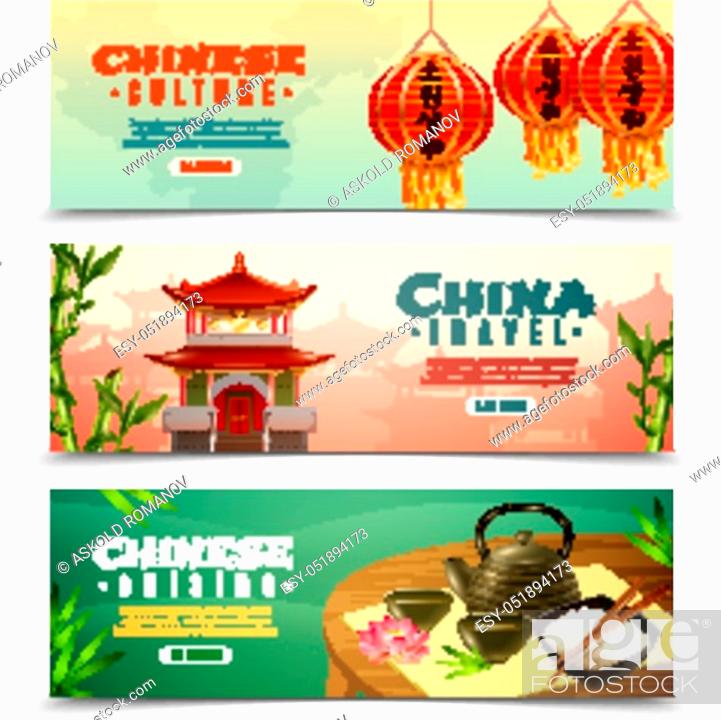 Stock Vector: Three cartoon china travel horizontal banner set with button and Chinese culture descriptions vector illustration.