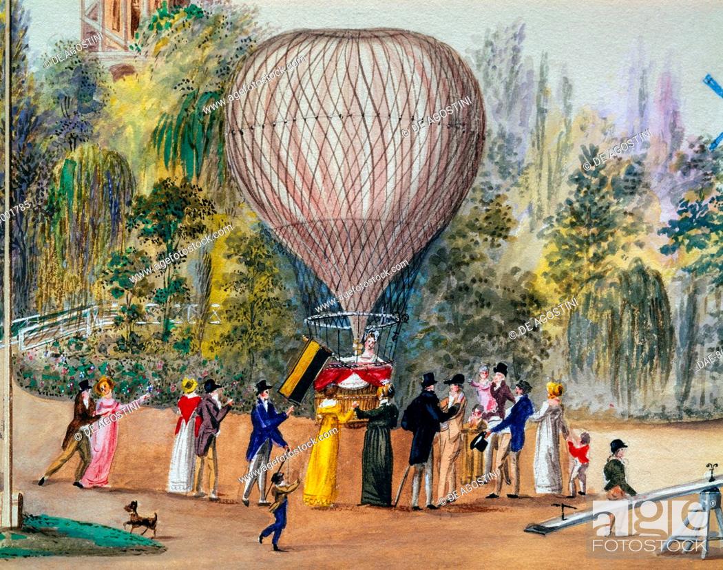 Departure of a hot air balloon, watercolour, Vienna, Austria, 18th