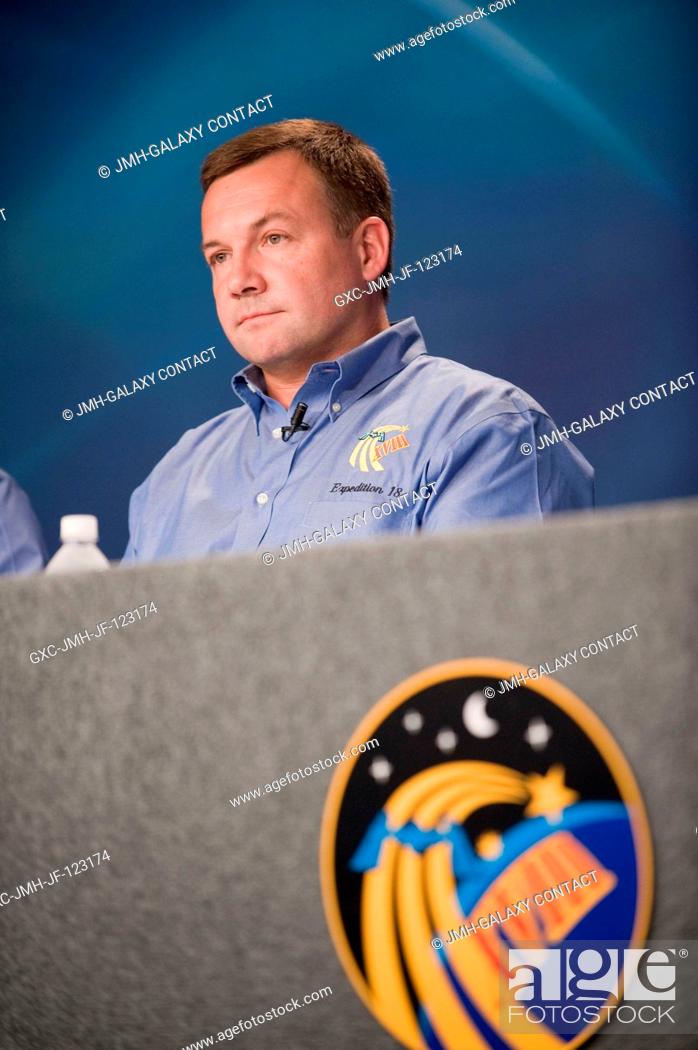 Stock Photo: Russian Federal Space Agency cosmonaut Yury Lonchakov, Expedition 18 flight engineer, fields a question from a reporter during an Expedition 18Soyuz 17.