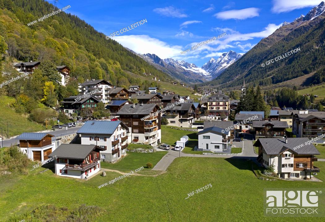 Stock Photo: Municipality of Kippel with a view tof the Loetschenluecke pass, Loetschental, Valais, Switzerland.
