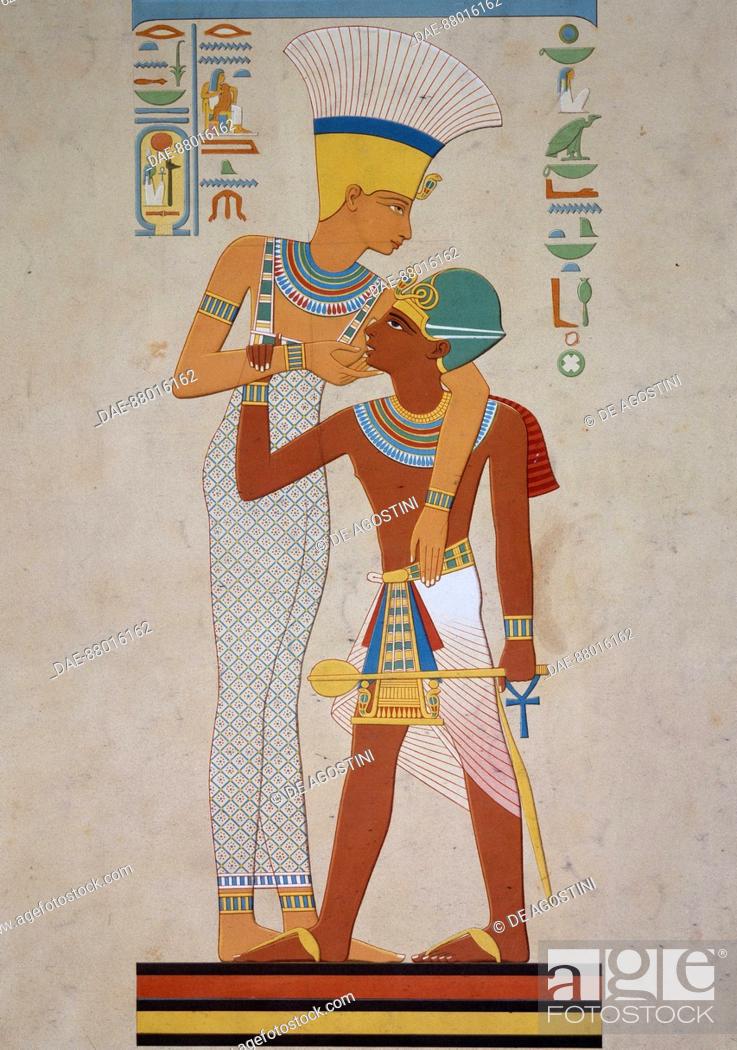 Stock Photo: The goddess Anuke suckling Ramesses II, copy of a painted relief from Talmis and dating back to the 19th Dynasty, engraving from Atlas de l'Histoire de l'Art.