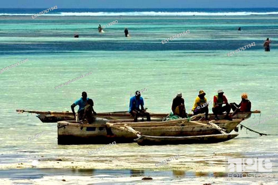 Stock Photo: beach seaweed people and boat in tanzania zanzibar.