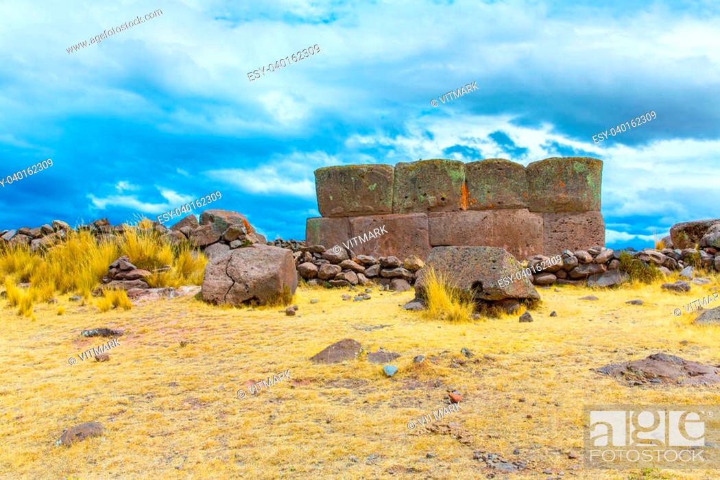 Stock Photo: Funerary towers and ruins in Sillustani, Peru, South America- Inca prehistoric ruins near Puno, Titicaca lake area.