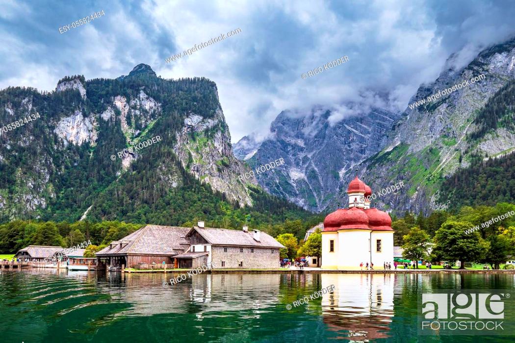 Stock Photo: Lake Koenigssee with pilgrimage church Saint Bartolomew in the Berchtesgaden Alps, Germany.