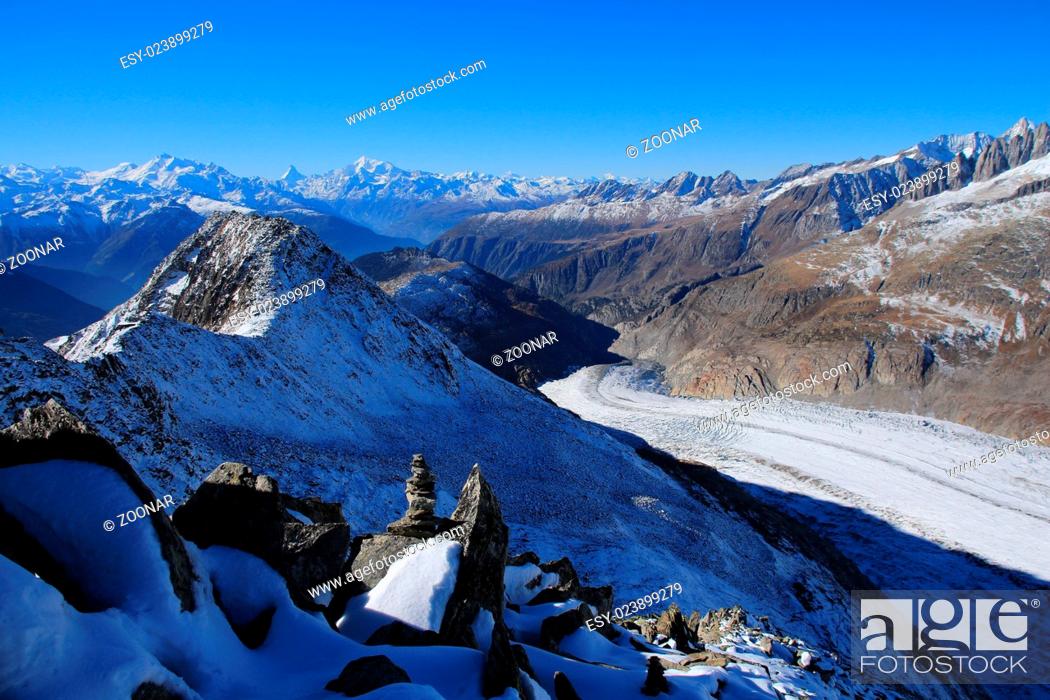Stock Photo: Aletsch Glacier and distant view of the Matterhorn.