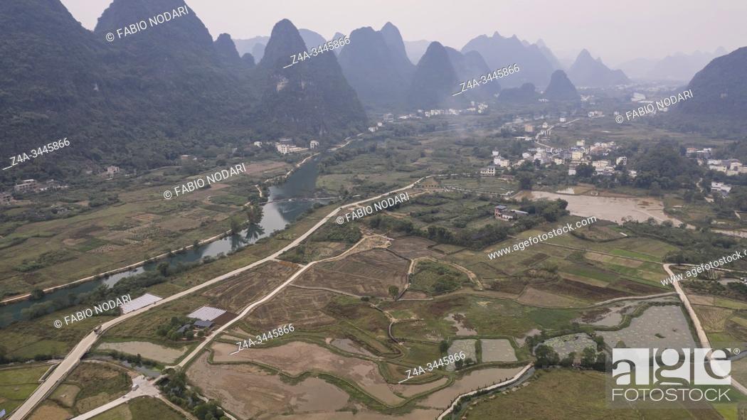 Stock Photo: Aerial view of the countryside in Yangshuo in Guanxi province, China.