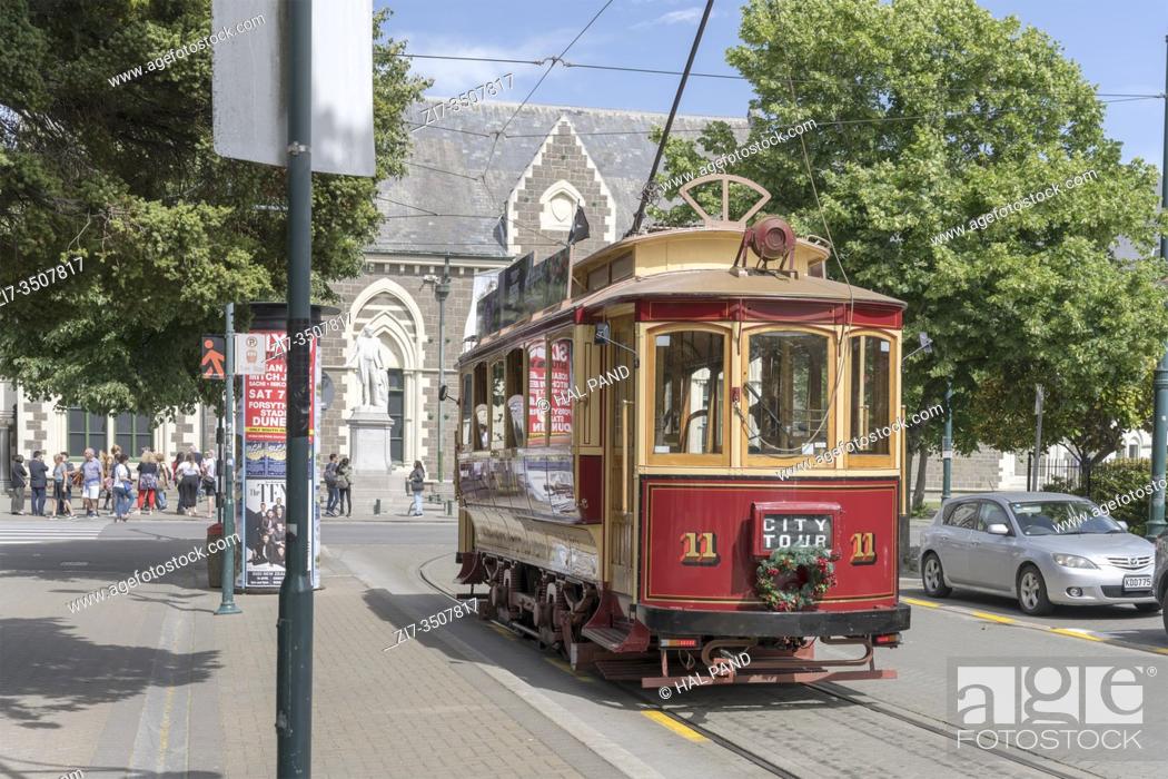 Stock Photo: CHRISTCHURCH, NEW ZEALAND - December 03 2019: cityscape with tramway at monumental Canterbury Museum, shot in bright spring light on december 03 2019 at.