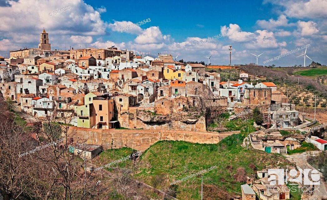 Stock Photo: Grottole, Matera, Basilicata, Italy: landscape of the old town on the hill and the countryside.
