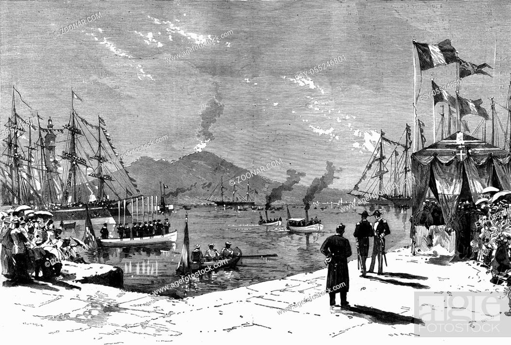 Photo de stock: Arrival of the Swedish ship Vega in the Bay of Naples. Landing Professor Nordenskiold, back in Europe after my polar exploration, vintage engraved illustration.
