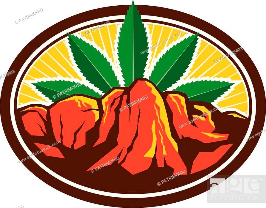 Stock Vector: Retro style illustration of a red canyon and steep cliff with hemp leaf in background set inside oval shape on isolated background.