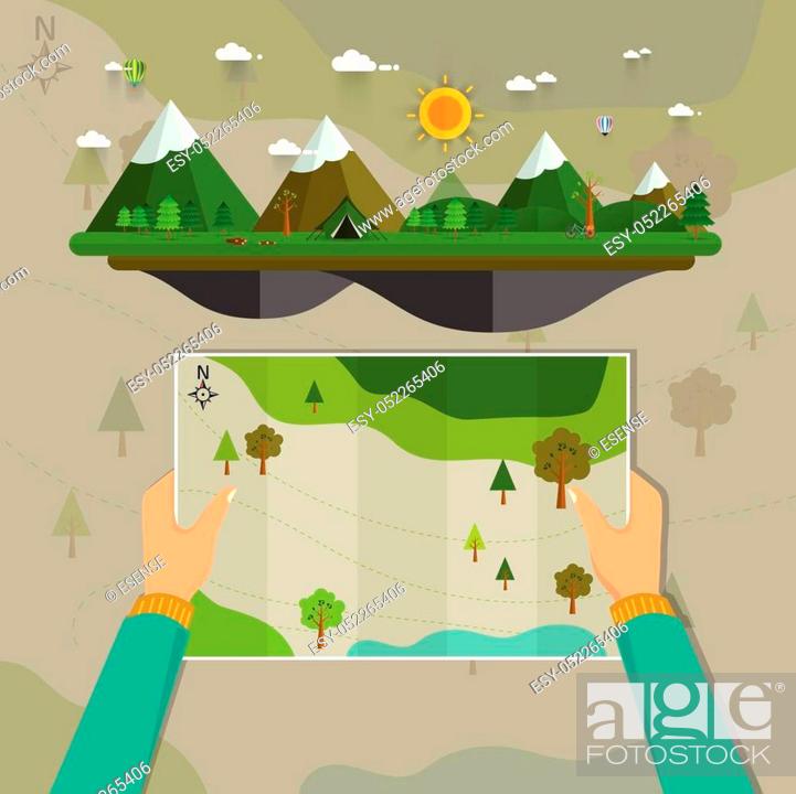 Stock Vector: Man on a hiking trip holding a map in his hands. Nature landscape of mountains, hills, meadows, bonfire, bicycle and tent.