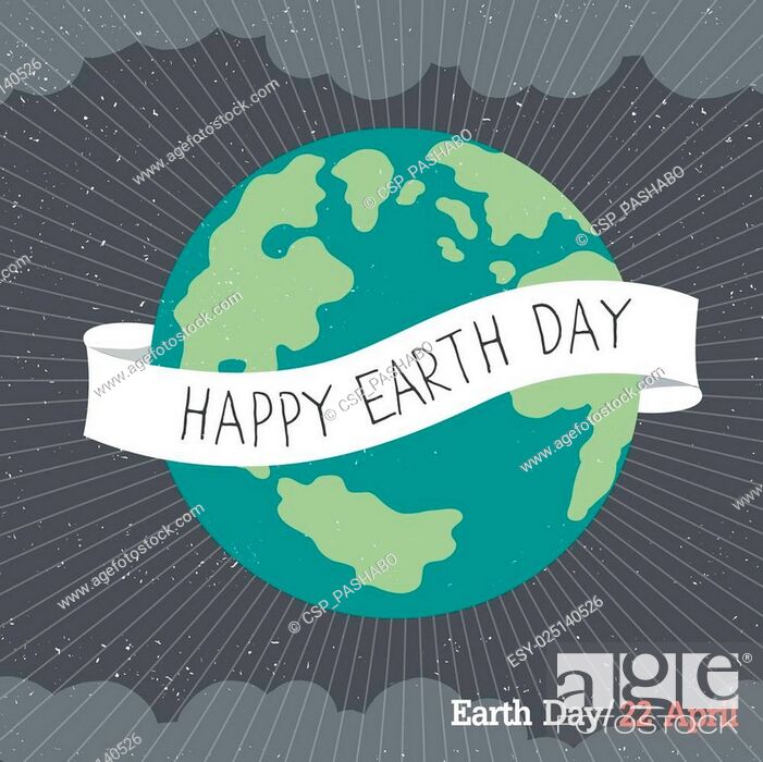 Vintage Earth Day Poster. Cartoon Earth Illustration. Rays, clouds, sky,  Stock Vector, Vector And Low Budget Royalty Free Image. Pic. ESY-025140526  | agefotostock