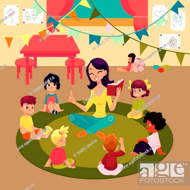 Kindergarten kids sitting in classroom around teacher who reads them book,  Stock Vector, Vector And Low Budget Royalty Free Image. Pic. ESY-042845708  | agefotostock