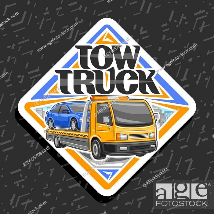 Stock Vector: Vector logo for Tow Truck, white sticker with illustration of evacuator with orange alarm lights towing fixed car in workshop.