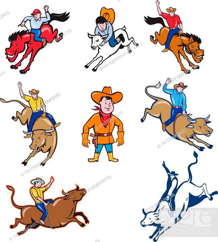 Set or collection of cartoon character mascot style illustration of a rodeo  cowboy riding bucking..., Stock Vector, Vector And Low Budget Royalty Free  Image. Pic. ESY-056970738 | agefotostock
