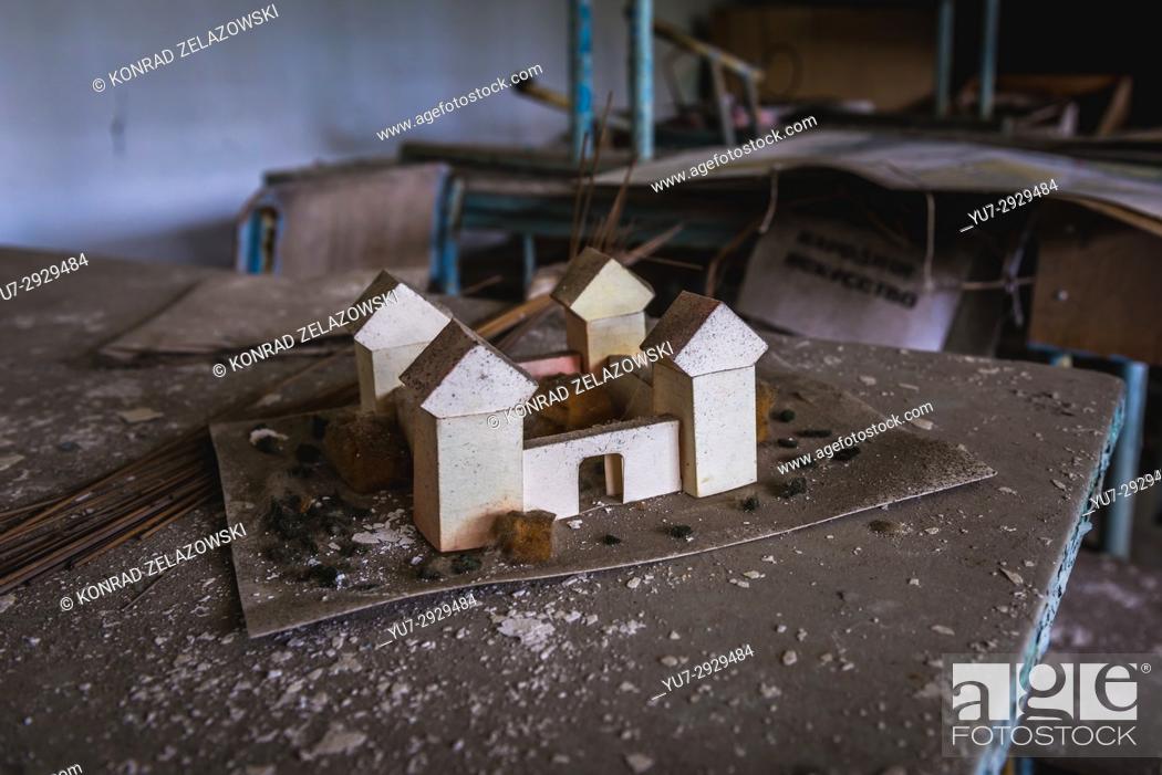 Stock Photo: Works created by students in fine art classroom of school No 2 in Pripyat ghost city, Chernobyl Nuclear Power Plant Zone of Alienation in Ukraine.