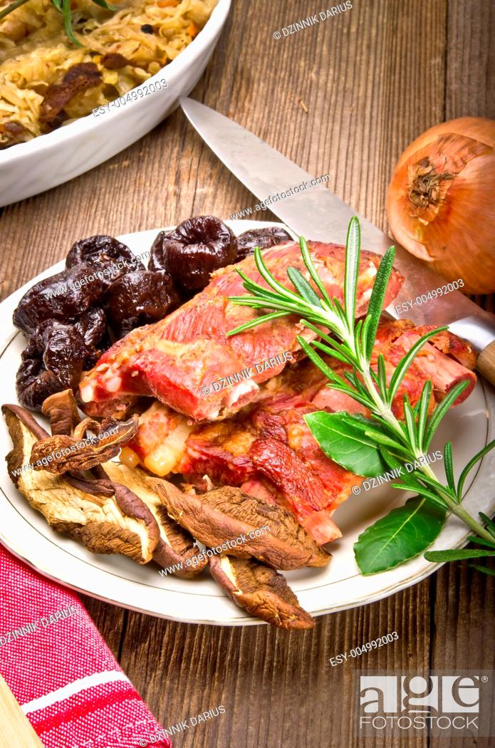 Stock Photo: Sauerkraut with smoked meat.