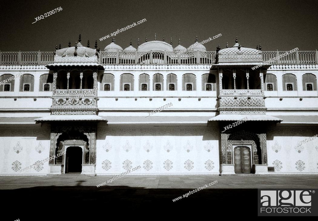 Stock Photo: The Rose Gate and Green Gate in the Pitam Niwas Chowk inner courtyard in the City Palace complex in Jaipur in Rajasthan in India in South Asia.