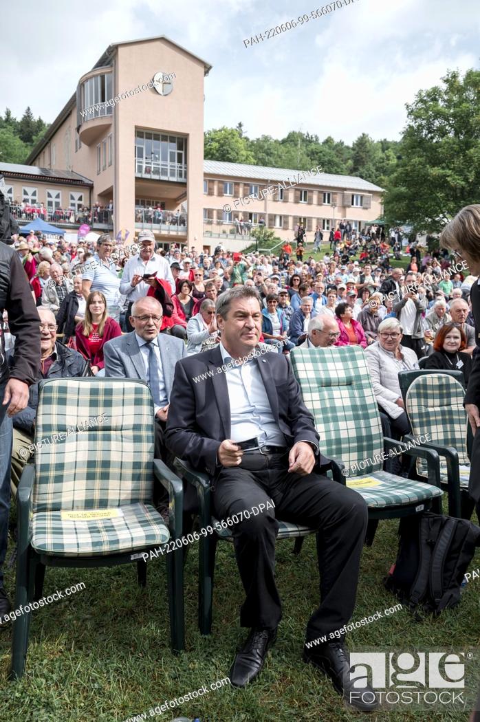 Stock Photo: 06 June 2022, Bavaria, Gerolfingen: Markus Söder (CSU), Minister President of the Free State of Bavaria, follows the Bavarian Kirchentag.