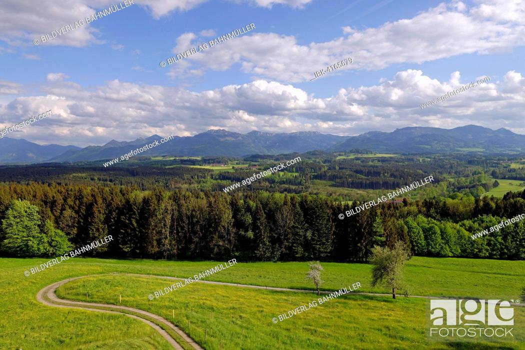 Stock Photo: View of Kampenwand and Hochries from Ratzinger Höhe observation tower, Chiemgau, Upper Bavaria, Bavaria, Germany.