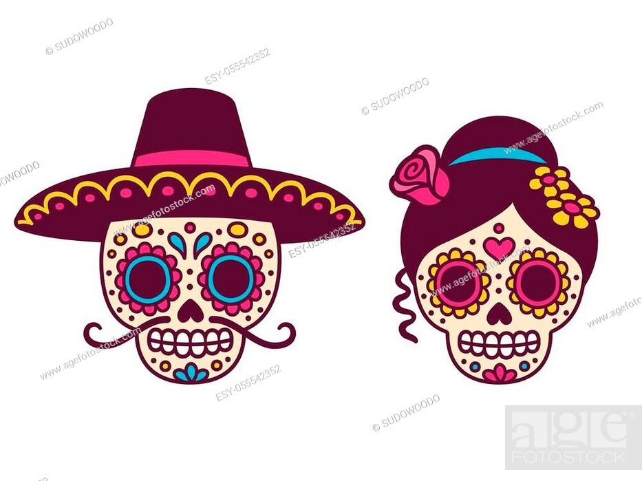 Cartoon Mexican sugar skulls couple for Dia de los Muertos (Day of the Dead),  Stock Vector, Vector And Low Budget Royalty Free Image. Pic. ESY-055542352  | agefotostock