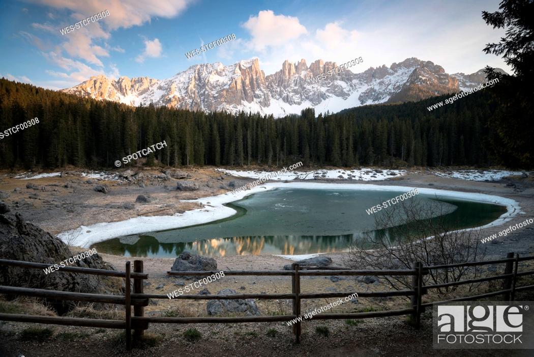 Stock Photo: Italy, South Tyrol, Dolomites, Karersee and Latemar group.