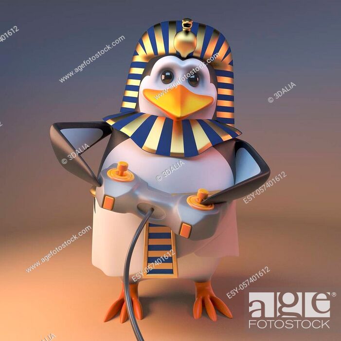 Stock Photo: Keen gamer penguin pharaoh Tutankhumun playing a video game with a joystick controller, 3d illustration render.
