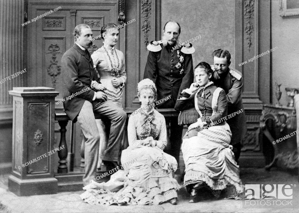Stock Photo: Prince Arthur, Duke of Connaught (1850-1942) in 1878 with his fiancee Luise Margarete of Prussia and her sisters, Marie (centre.