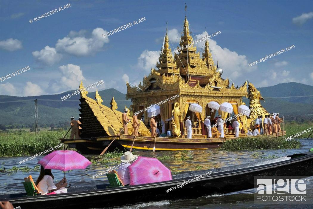 Stock Photo: Myanmar, Shan State, Inle Lake, each year during the month of Thadingyut, around October, there is an 18-day festival during which four of the gold statues of.